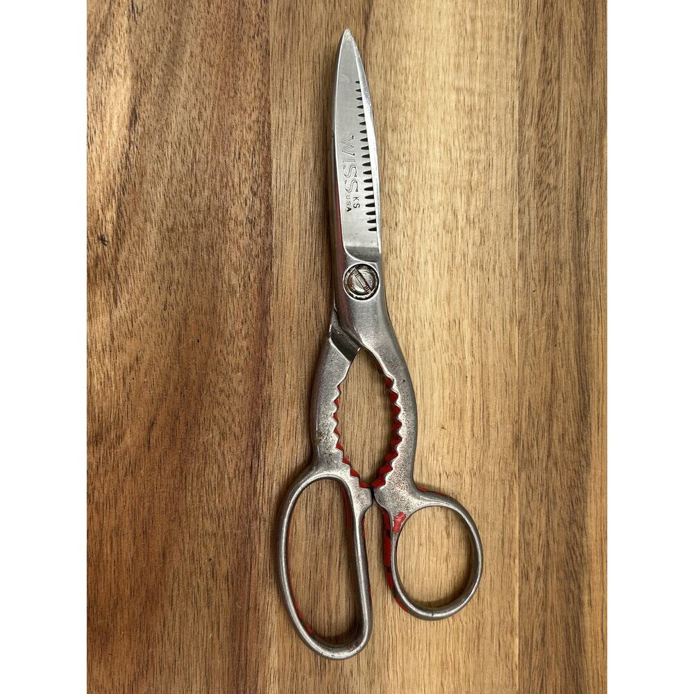 Vintage Wiss Kitchen Shears KS USA Red Multi Use Nut Cracker Craft Silver Tool